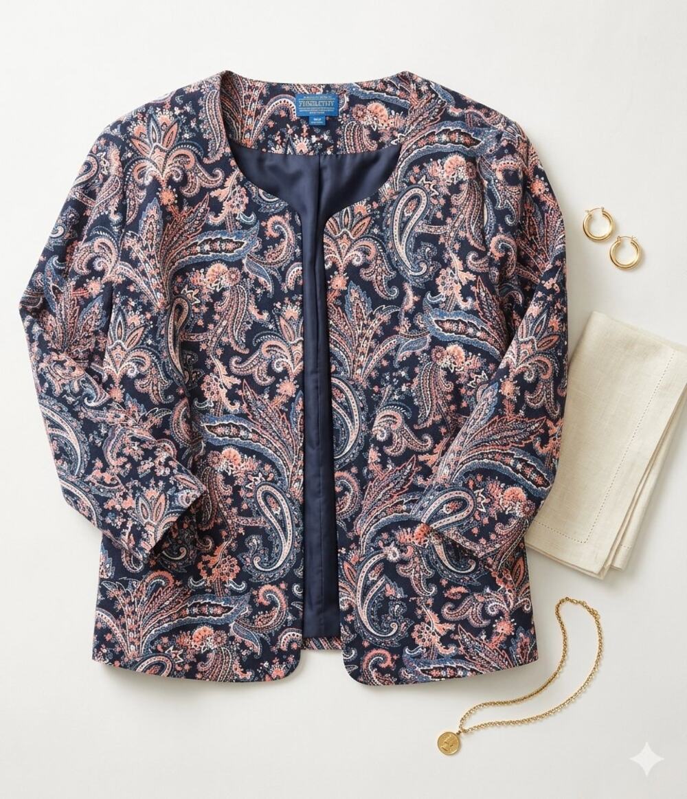 Pendleton Plus Size 18W Open Front Paisley Blazer Jacket 3/4 Sleeve Navy Coral